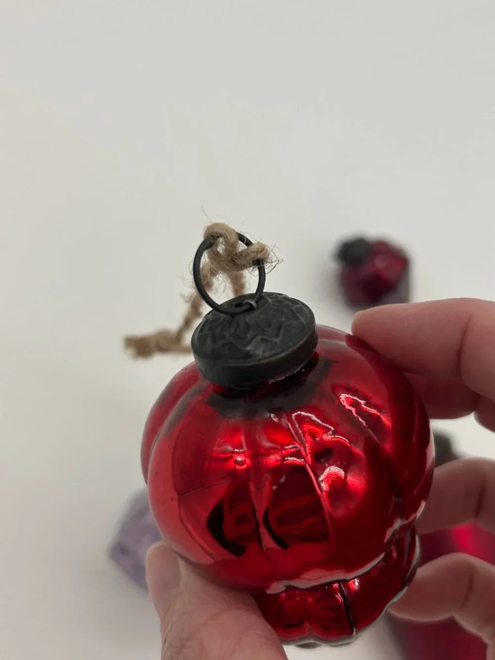 4 Vintage Kugel Style Glass Ribbed Teardrop Christmas Ornaments Red